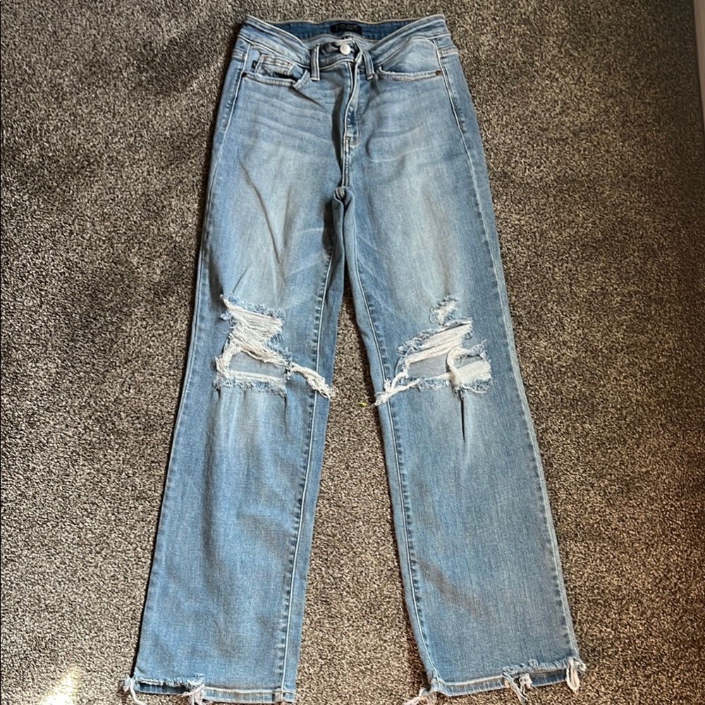 Judy Blue Straight Leg Blue Jeans with Distressed Details